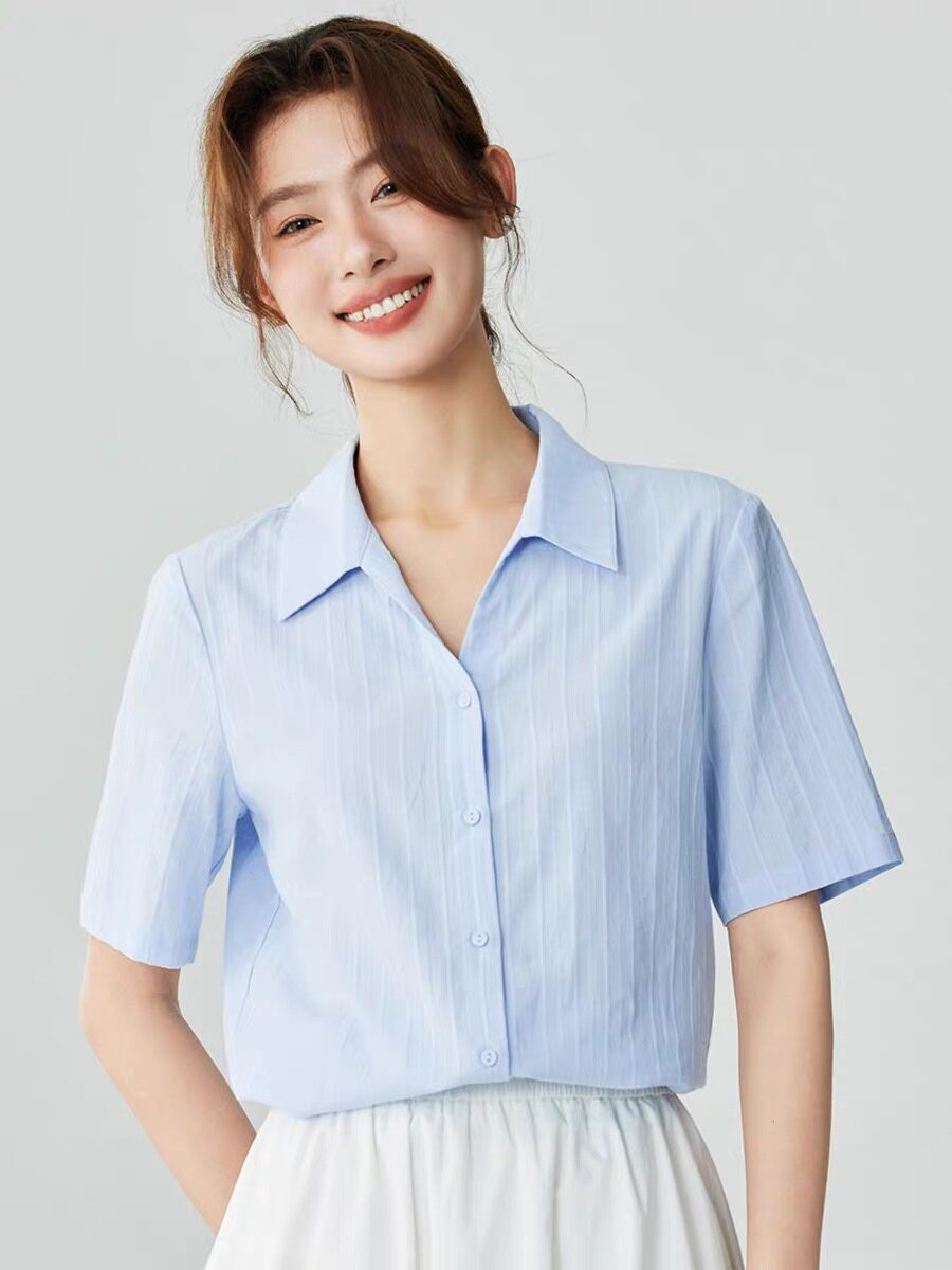 舒适通勤短袖肌理感白衬衣女2026夏法式气质V领时尚休闲衬衫