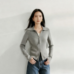 拉链两穿翻领短毛衣外套女2026年春季新款气质灰色针织开衫