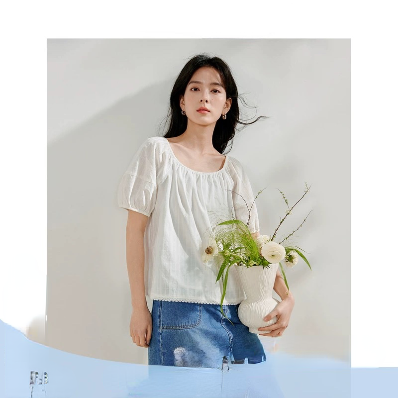 【商场同款】纯棉格纹提花衬衫2026夏季女装新款短袖A摆上衣