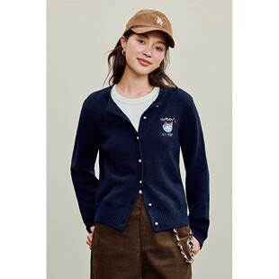 软糯花萌趣miu系刺绣厚针织开衫女2025秋季新款圆领长袖毛衣外套