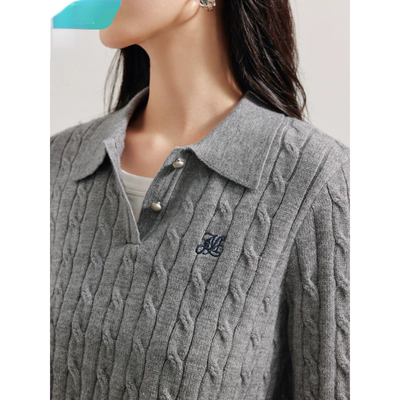 灰色麻花毛衣女2025新款秋女装打底衫polo领针织衫长袖上衣