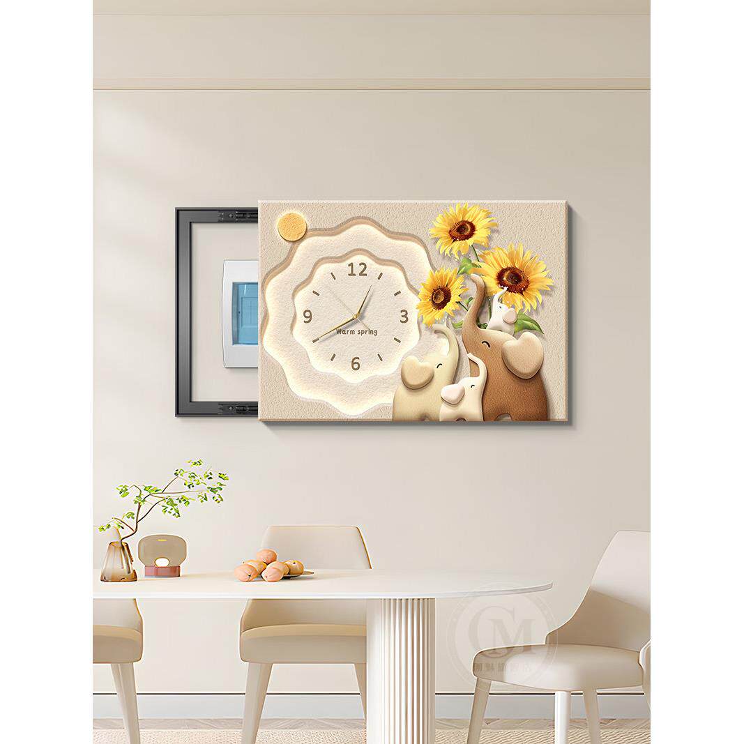 奶油风电表箱装饰画简约大象钟表创意挂画电闸开关盒遮丑绿植壁画