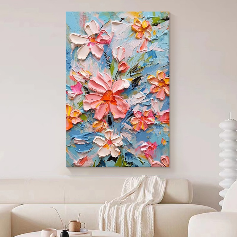 彩色花卉客厅装饰画厚肌理抽象莫兰迪色花朵纯手绘油画玄关墙挂画图片