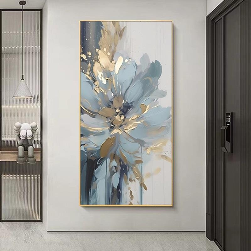 现代玄关手绘油画轻奢蓝色花朵肌理装饰画高级感花卉走廊立体挂画图片