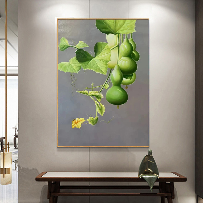 新款纯手绘油画葫芦入门玄关装饰画五福临门绿色静物客厅超写实