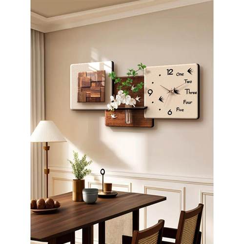 中古风餐厅装饰画钟表挂钟客厅沙发背景墙挂画水培绿植壁画餐桌画