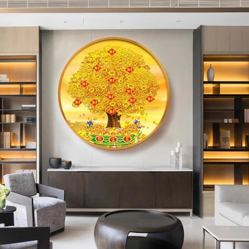 新中式发财树圆形玄关装饰画画黄金满地摇钱树挂画画壁画画饭厅饭图片