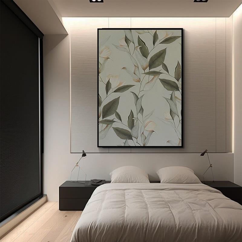花卉植物纯手绘油画意式极简柔美绿色叶子装饰画客厅玄关丙烯挂画图片