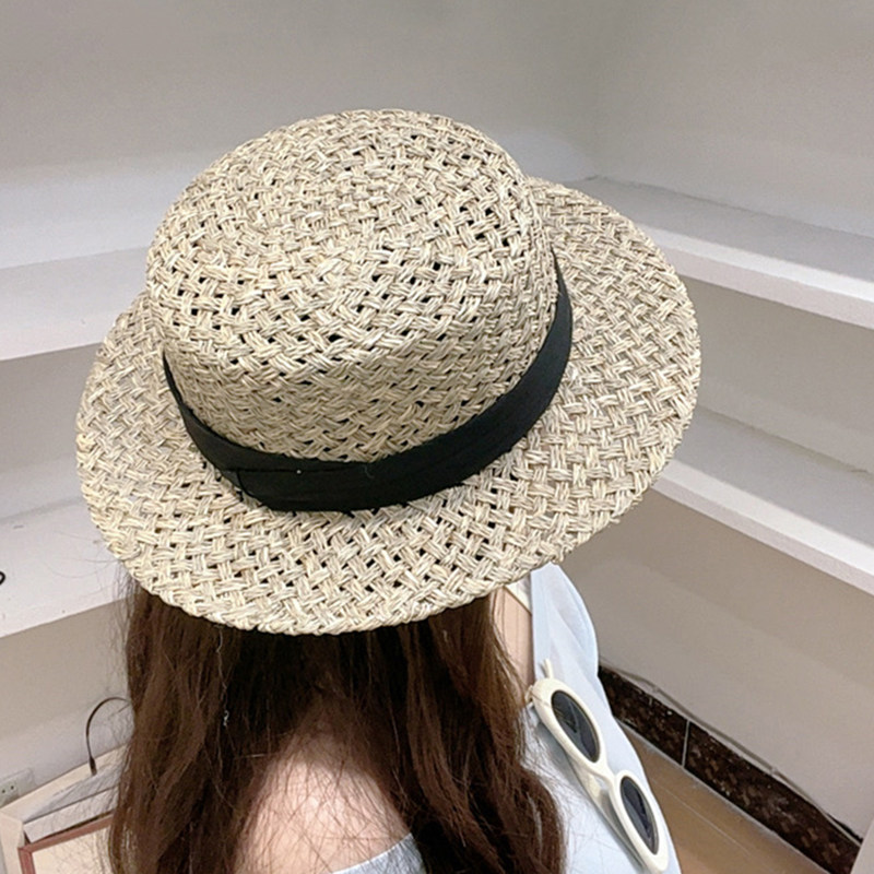 高端定制老钱风夏季天然咸草平顶草帽女度假沙滩遮阳帽轻奢礼帽子