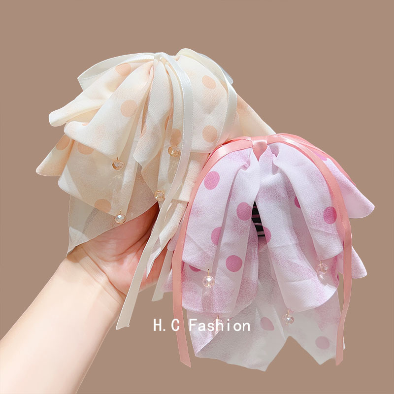 公主韩系波点感蝴蝶结飘带马尾夹时尚百搭超仙抓夹后脑勺发夹