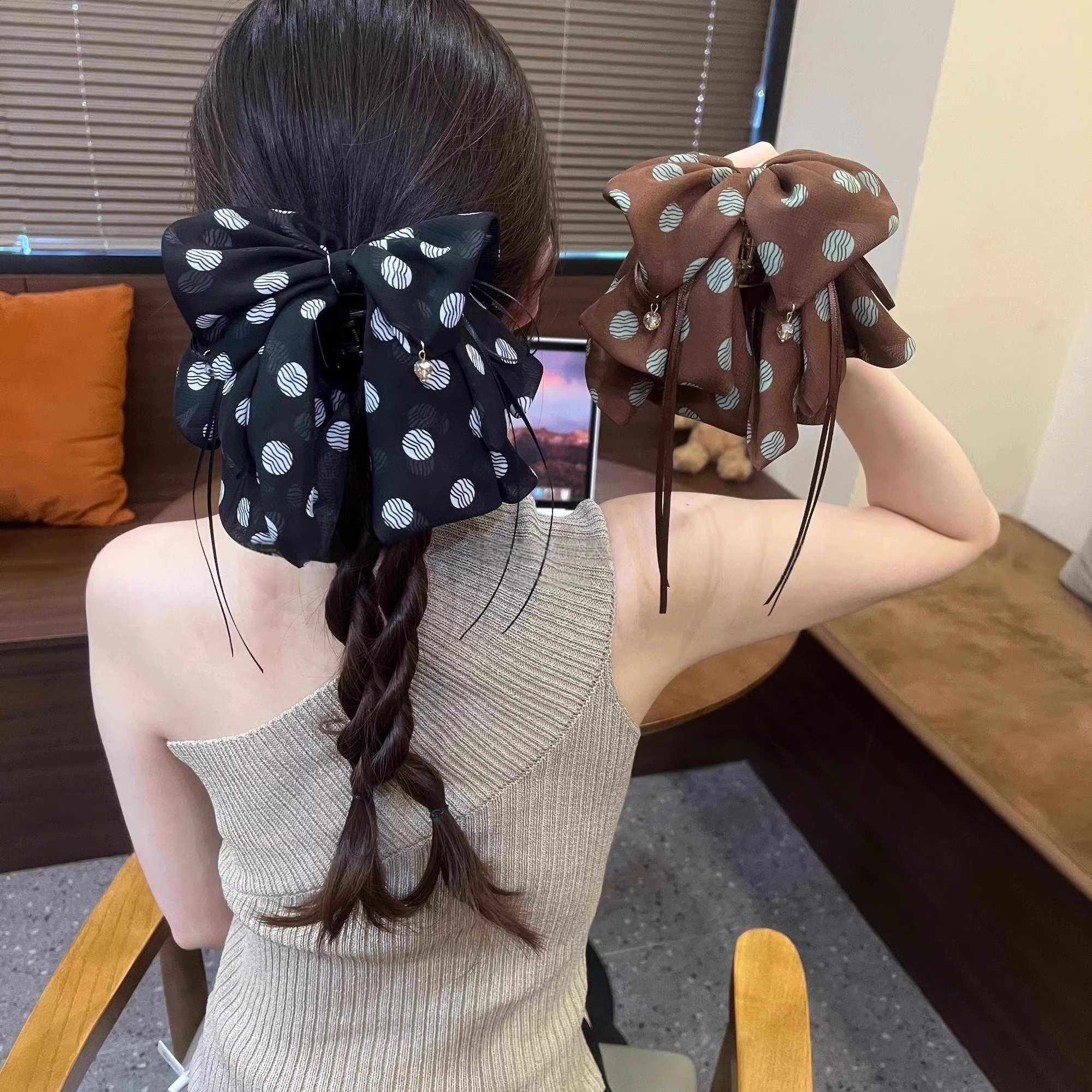 法式新款气质波点飘带蝴蝶结马尾抓夹感后脑勺半扎发夹头饰