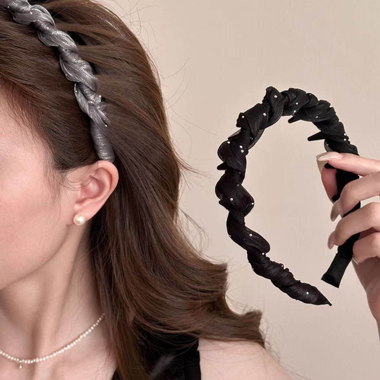 新款气质小香风撒金网纱发箍女防滑带齿纹理感日常外戴高颅顶头箍