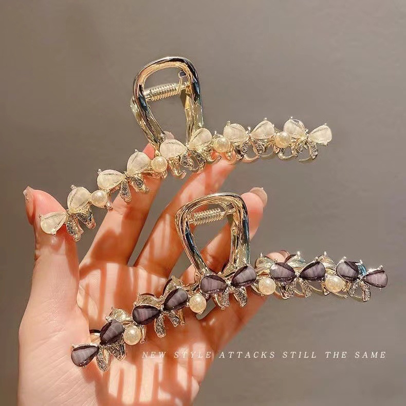 猫眼石水晶领结发夹女夏季新款花朵抓夹大号鲨鱼夹子后脑勺发卡