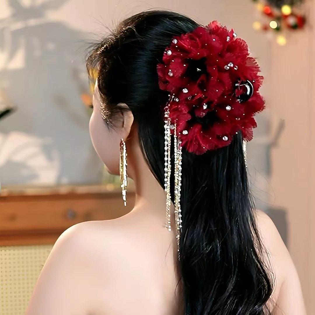 tktk新款感港风花朵流苏抓夹气质鲨鱼夹后脑勺显发量新年款