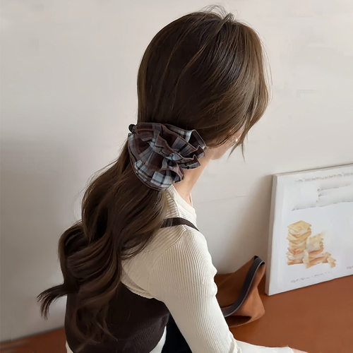 TKTK韩系蓝咖格大肠圈褶皱马尾夹香蕉夹竖夹女2025新款后脑勺发夹