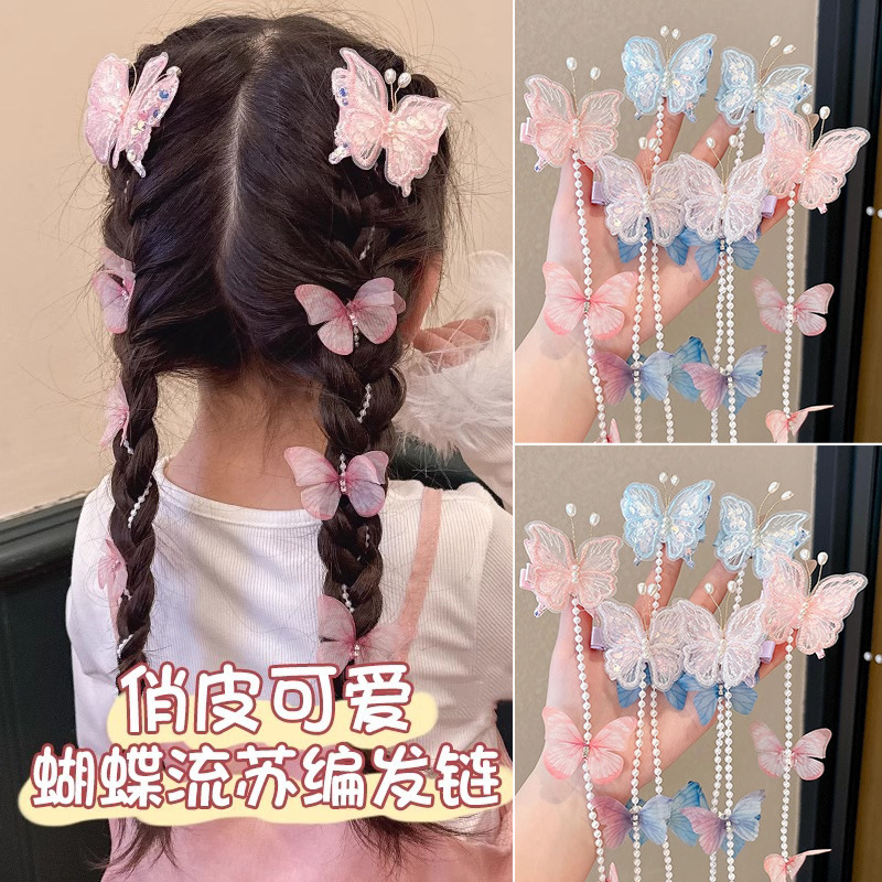 tktk古风双层亮片蝴蝶发夹儿童侧边网纱发卡仙气刘海头饰