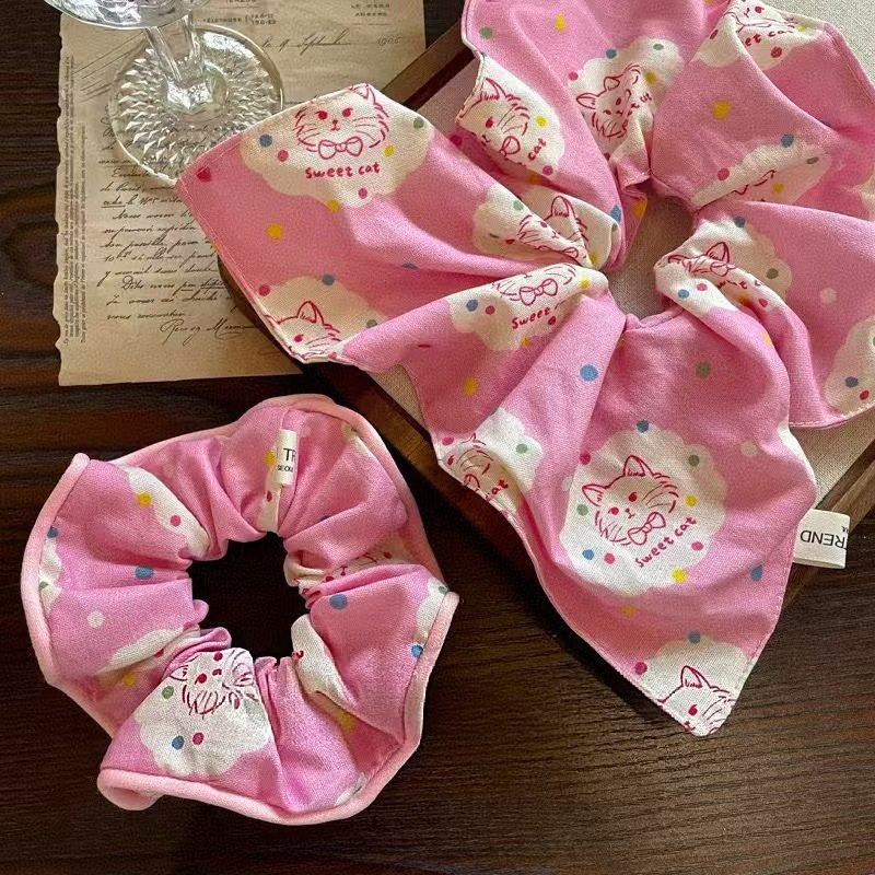 tktk跨境爆款手作超甜！猫咪粉色肠圈大肠发圈心韩版方巾发饰头饰