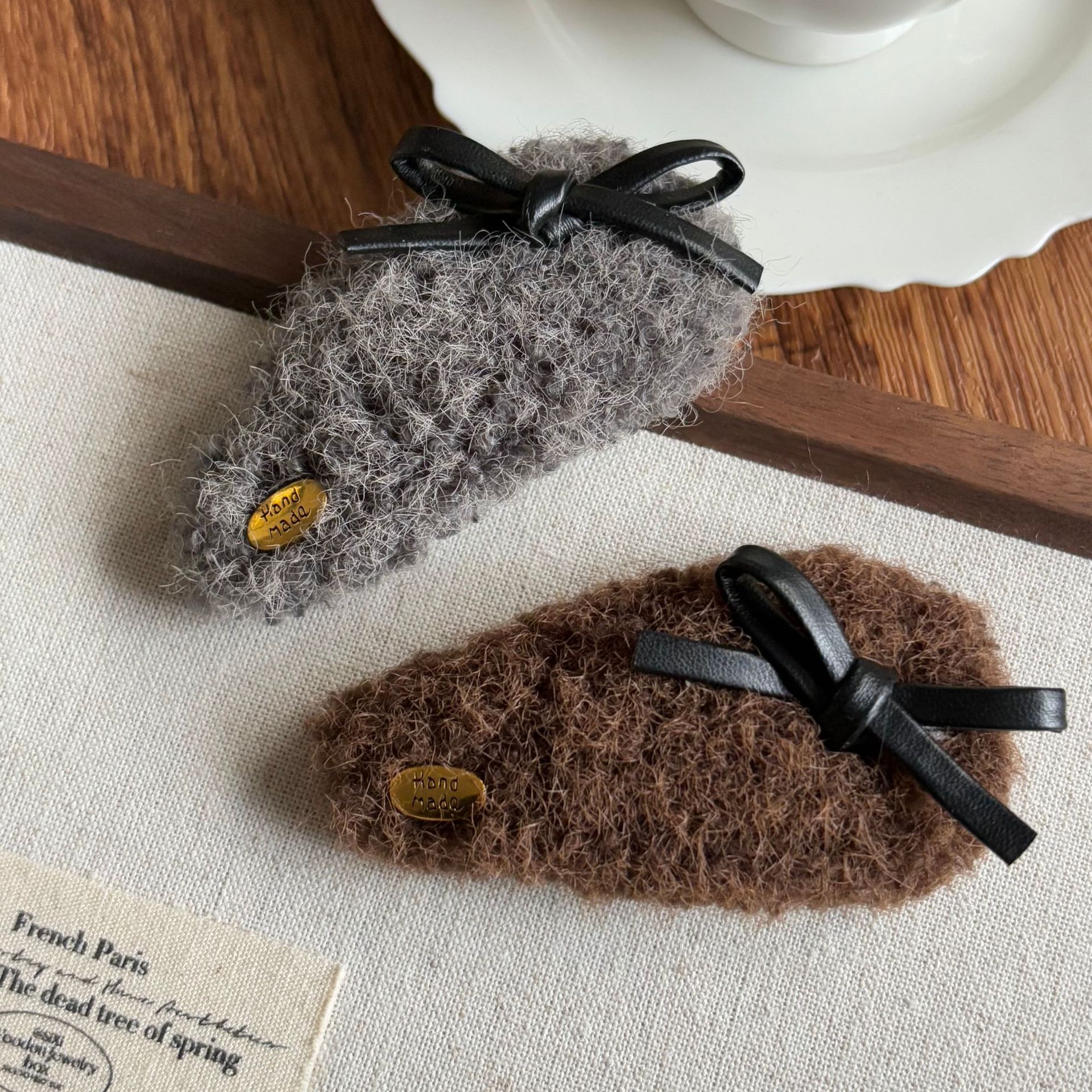 美拉德秋冬PU蝴蝶结金标羊羔毛BB夹复古气质边夹刘海夹发卡发夹女