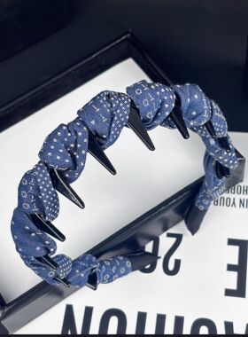 法式布艺蓝波点带齿防滑高颅顶发箍感洋气时尚发优雅头箍头饰