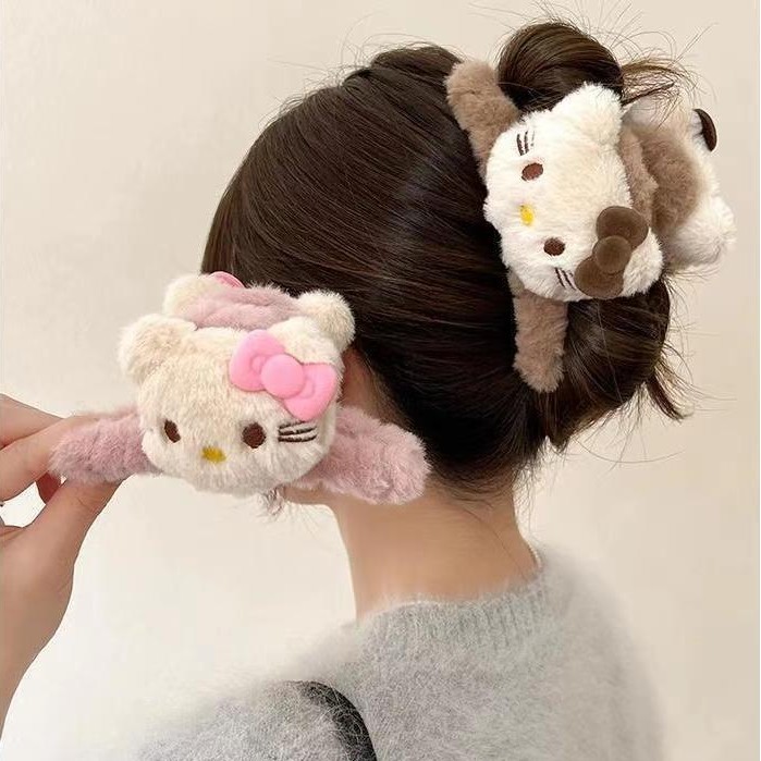 可爱甜美猫咪毛绒抓夹后脑勺盘发夹子大号鲨鱼夹卡通发卡头饰女
