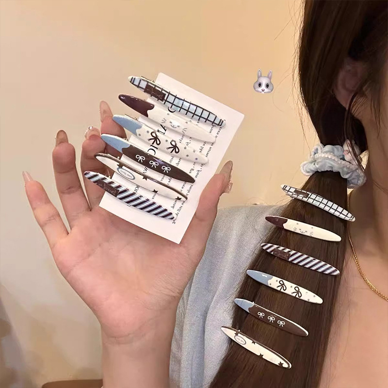 tktk韩系猫咪鸭嘴夹前额刘海夹蓝咖色系条纹发夹百搭发卡头饰边夹