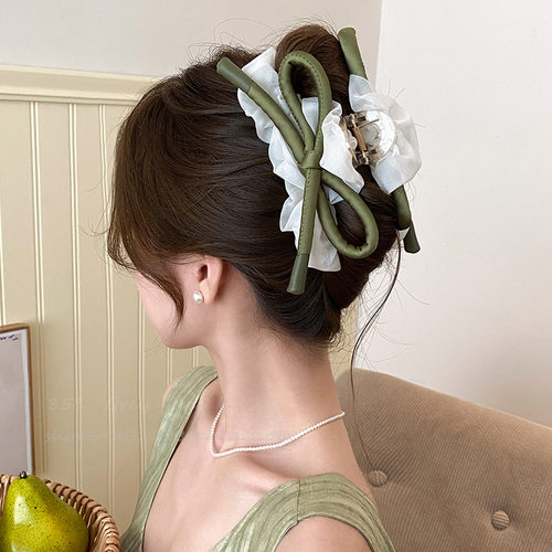 TKTK跨境爆款超大号蝴蝶结皮绳发夹女爆款夏季清新森系鲨鱼夹抓夹