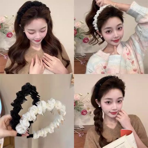 TKTK春夏珍珠发箍女高颅顶网纱褶皱头饰气质优雅发卡时尚百搭发窟