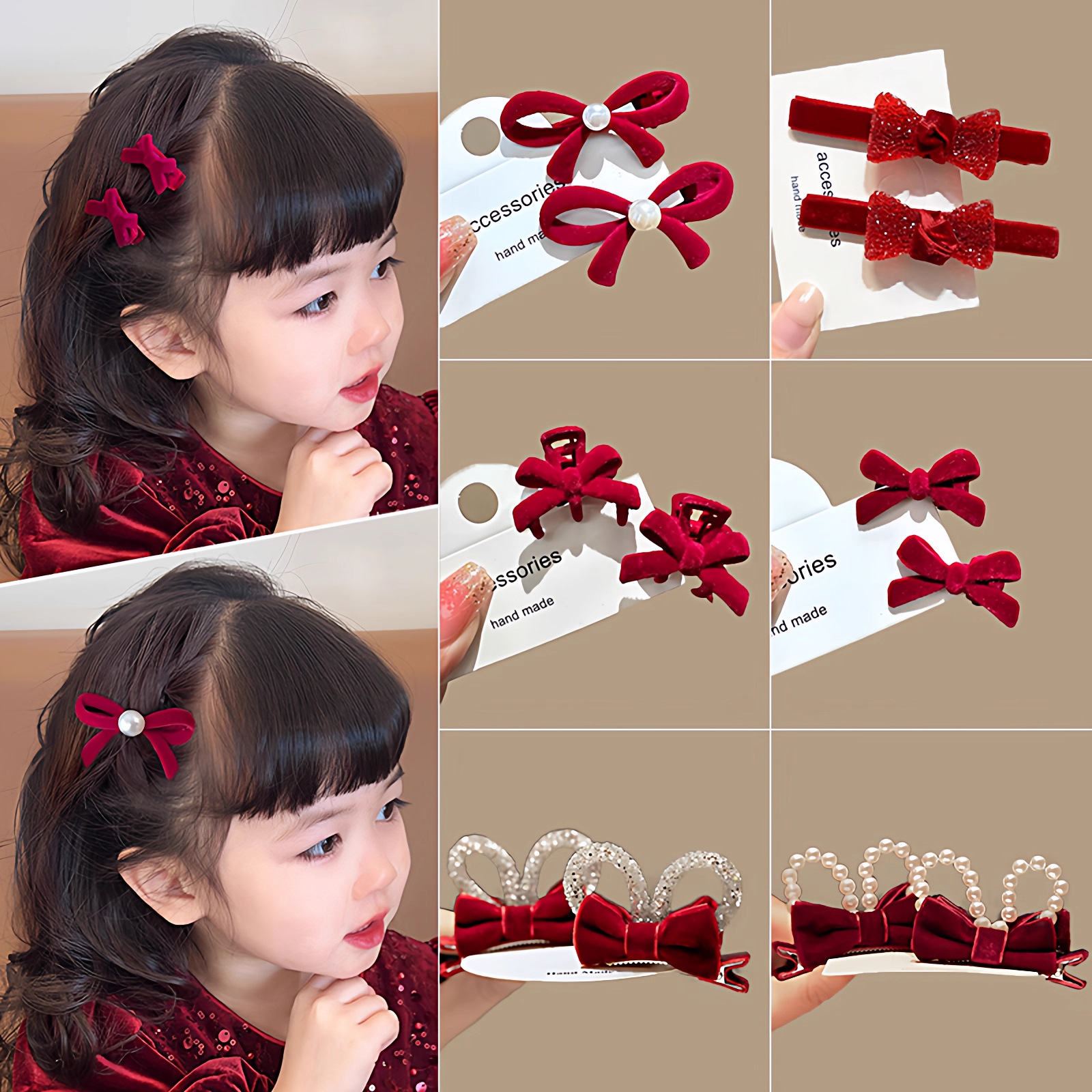tktk儿童发夹复古红色蝴蝶结秋冬植绒发卡公主头饰女童侧边夹子