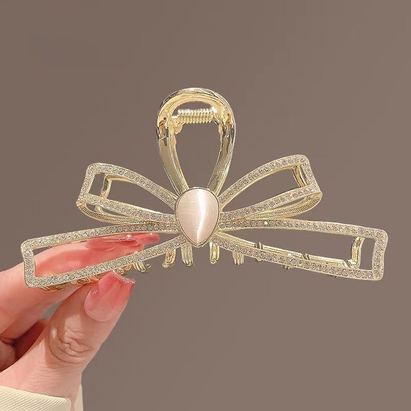 法式大号后脑勺盘发抓夹气质甜美蝴蝶结猫眼石水钻发夹女鲨鱼夹