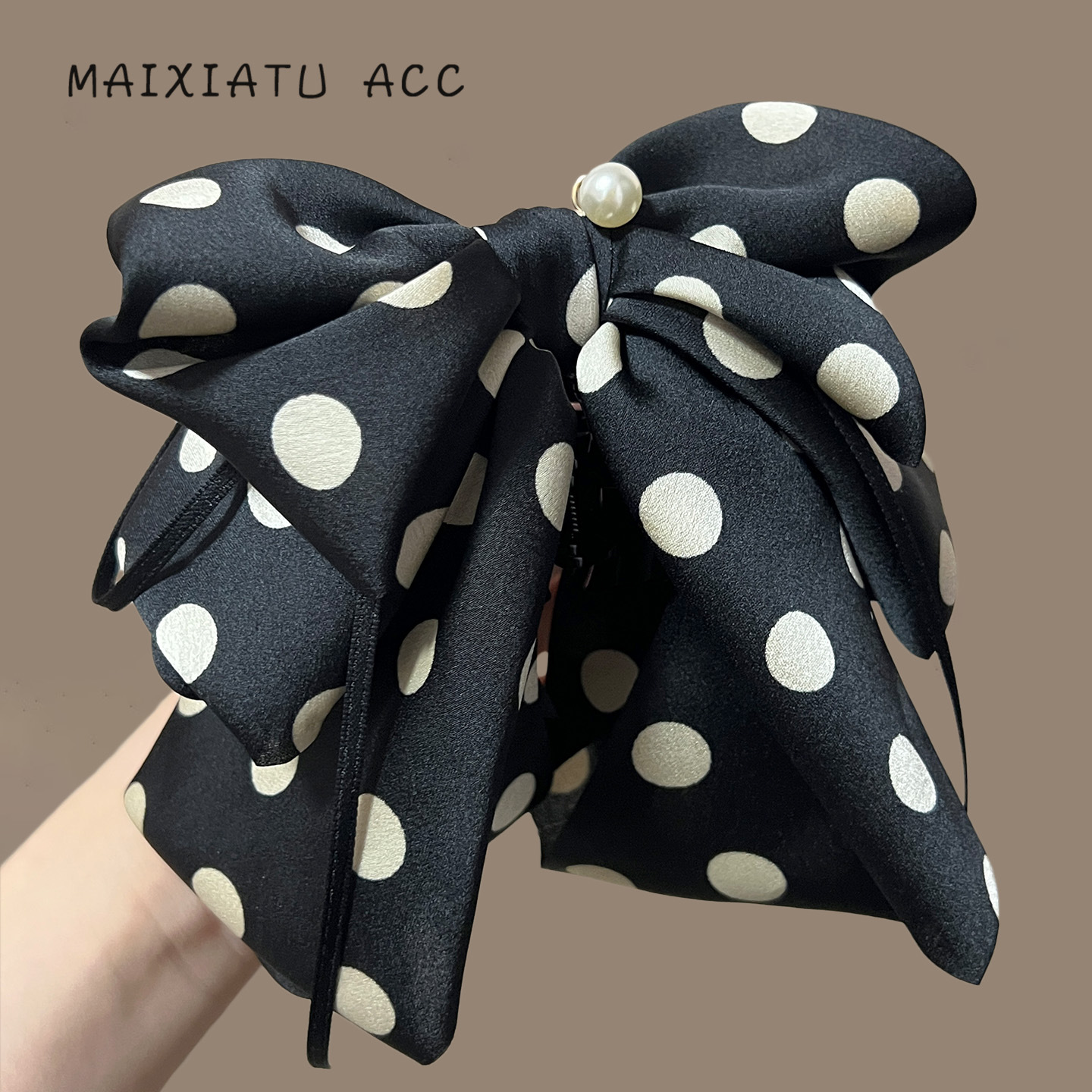 法式波点蝴蝶结珍珠飘带抓夹女2025新款显发量半扎发盘发鲨鱼发夹