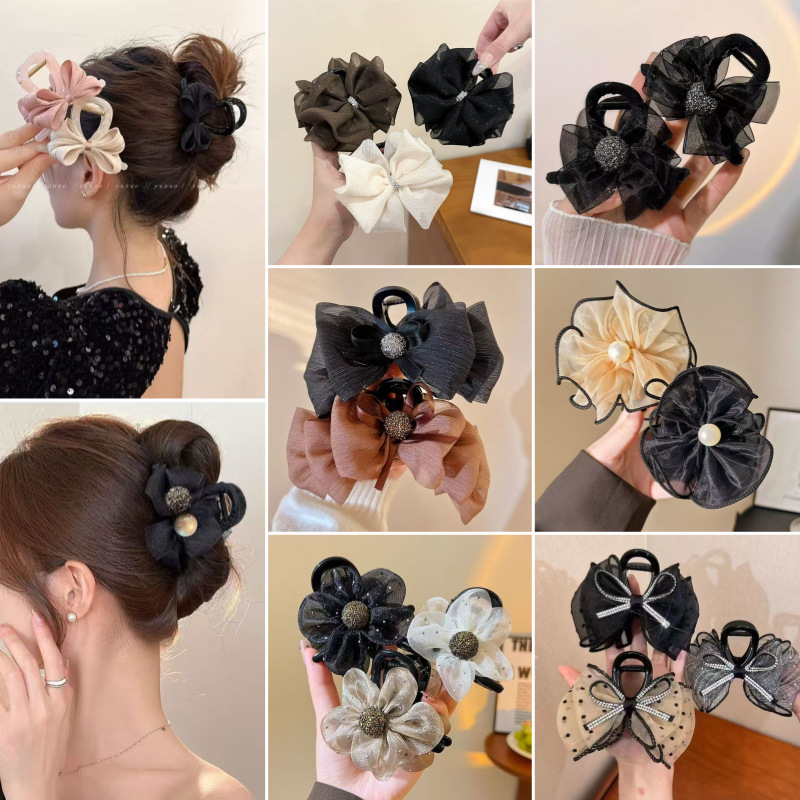 网红韩版网纱花朵抓夹女后脑勺发夹感甜美温柔法式盘发鲨鱼夹
