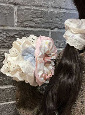 tktk奶蓝格子重工烫钻蕾丝花边大肠发圈新款甜美可爱奶油风发绳