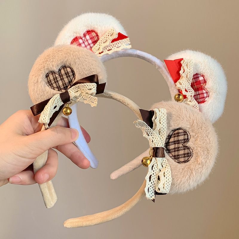 新款可爱小熊耳朵毛绒发箍女秋冬卡通爱心蝴蝶结头饰洗脸头箍