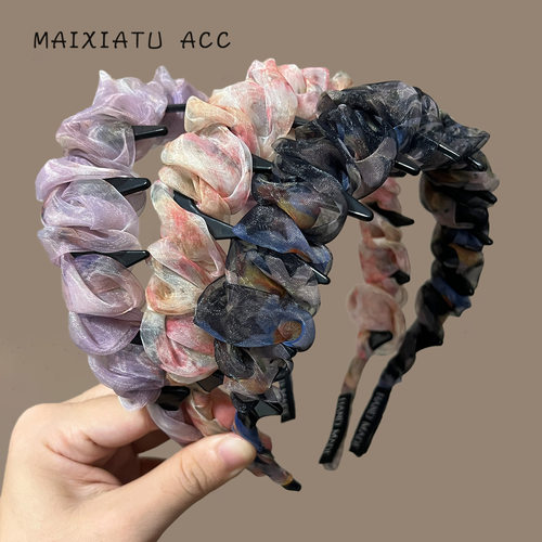 TKTK炫彩渐变超仙褶皱网纱波浪发箍女2025新款夏季带齿防滑高颅顶