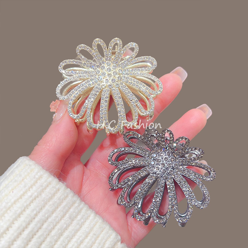 新款水晶韩版满钻菊花发抓感盘发夹小众中抓发卡女百搭头饰