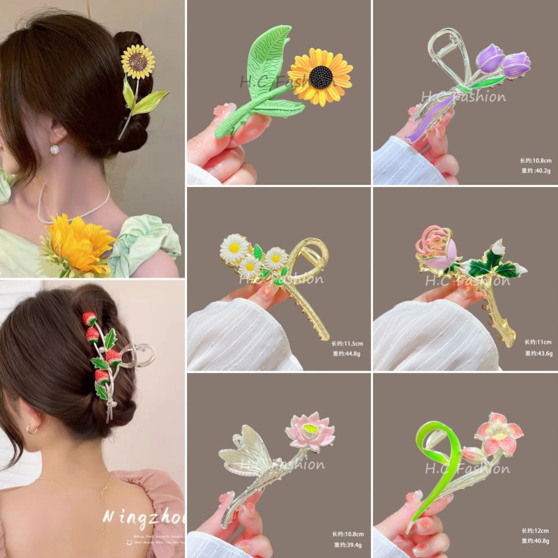 春季爆款手绘画油花朵发夹女甜美气质抓夹后脑勺鲨鱼夹子发抓