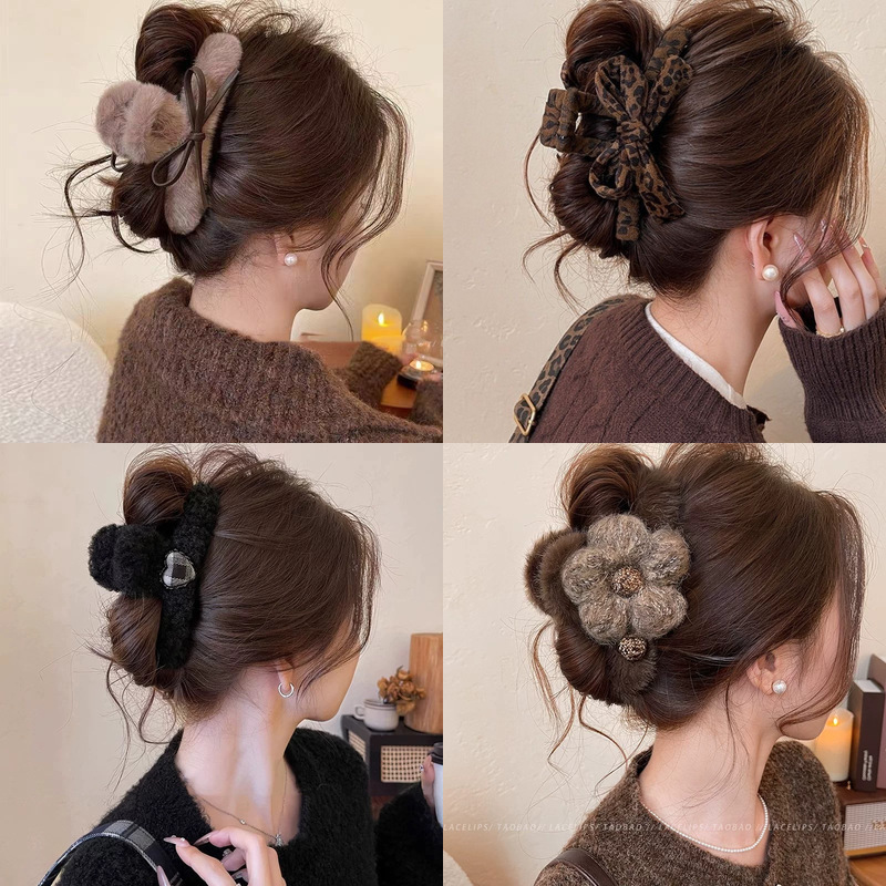 秋冬感蝴蝶结抓夹可爱后脑勺爱心鲨鱼夹头饰发量多毛绒发夹女