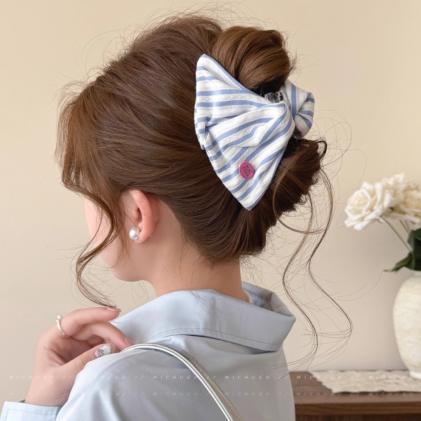 清爽条纹三角形布艺抓夹感甜美发抓鲨鱼夹后脑勺盘发抓夹饰品