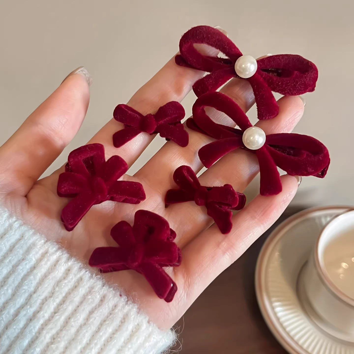 TKTK红色蝴蝶结珍珠鸭嘴夹前额发夹女刘海夹发卡碎发侧边夹公主头