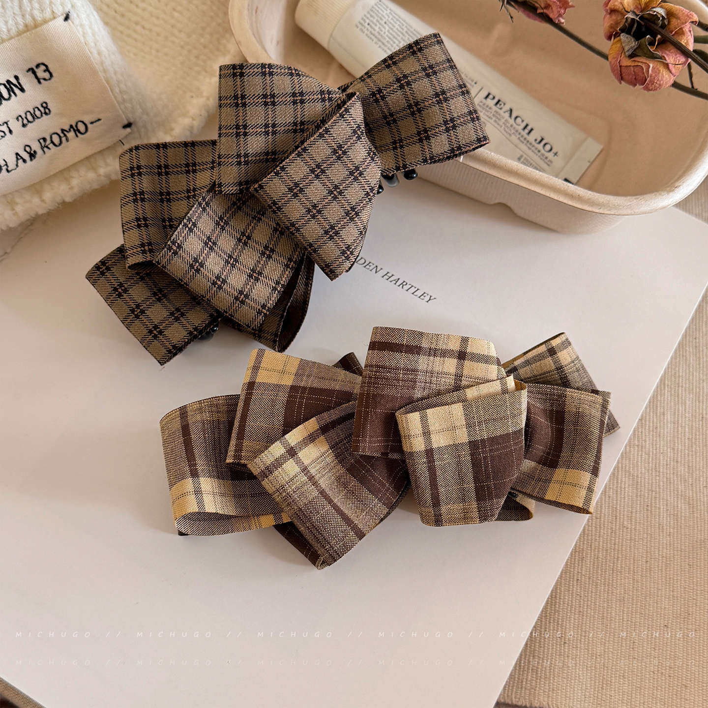 TKTK气质咖色格纹多层蝴蝶结发夹女后脑勺盘发扭扭香蕉夹复古发卡