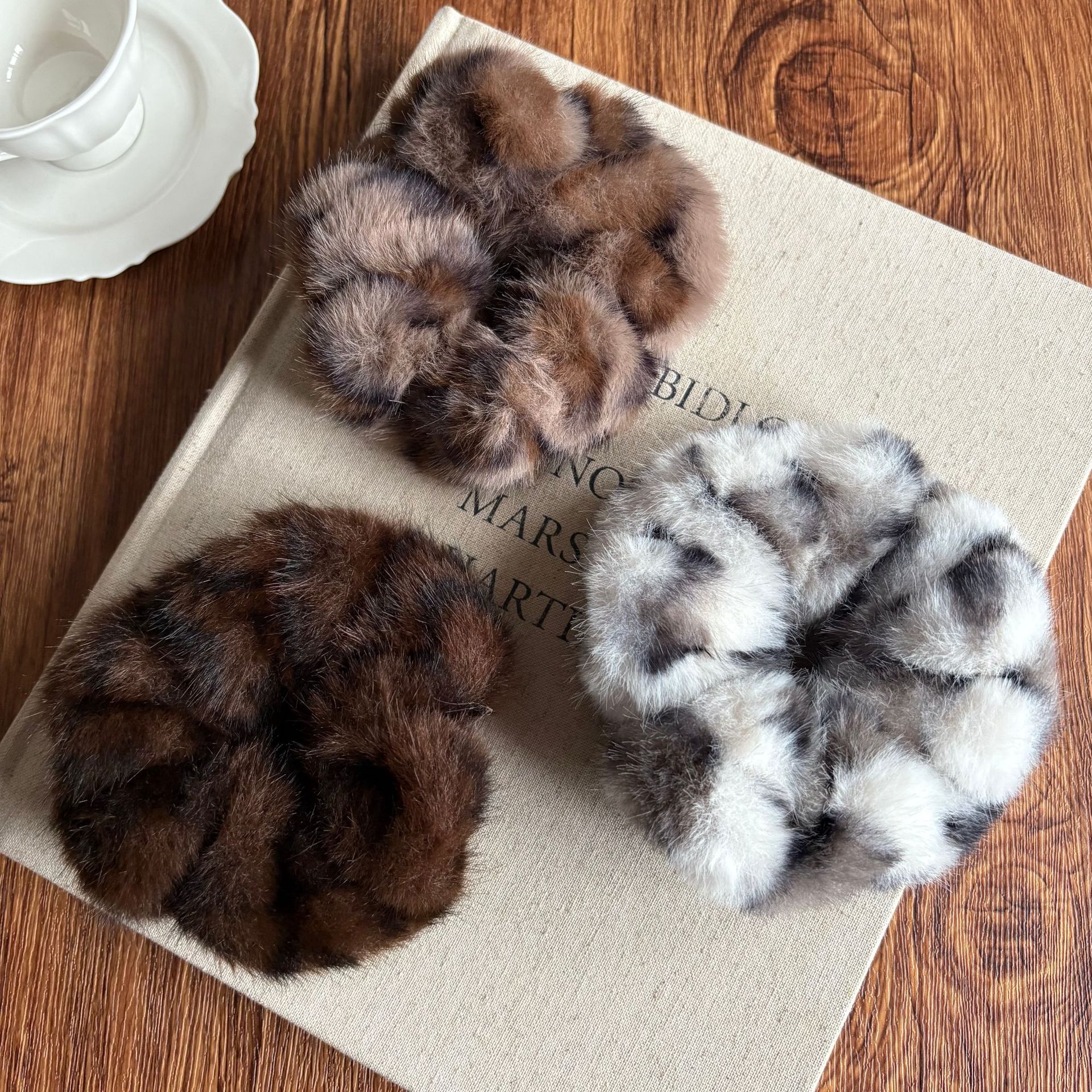 秋冬仿貂毛豹纹毛绒大肠发圈女气质复古感扎头发马尾发绳头绳