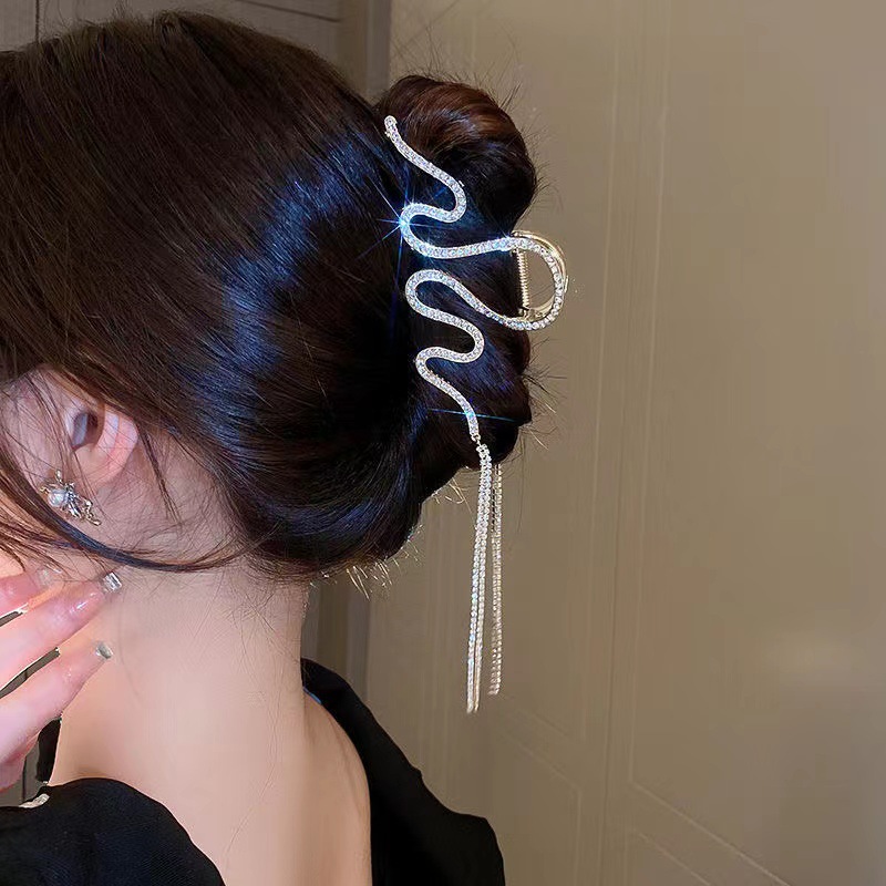 韩版气质流苏链条金属发夹后脑勺感气质抓夹s形波浪镶钻发抓