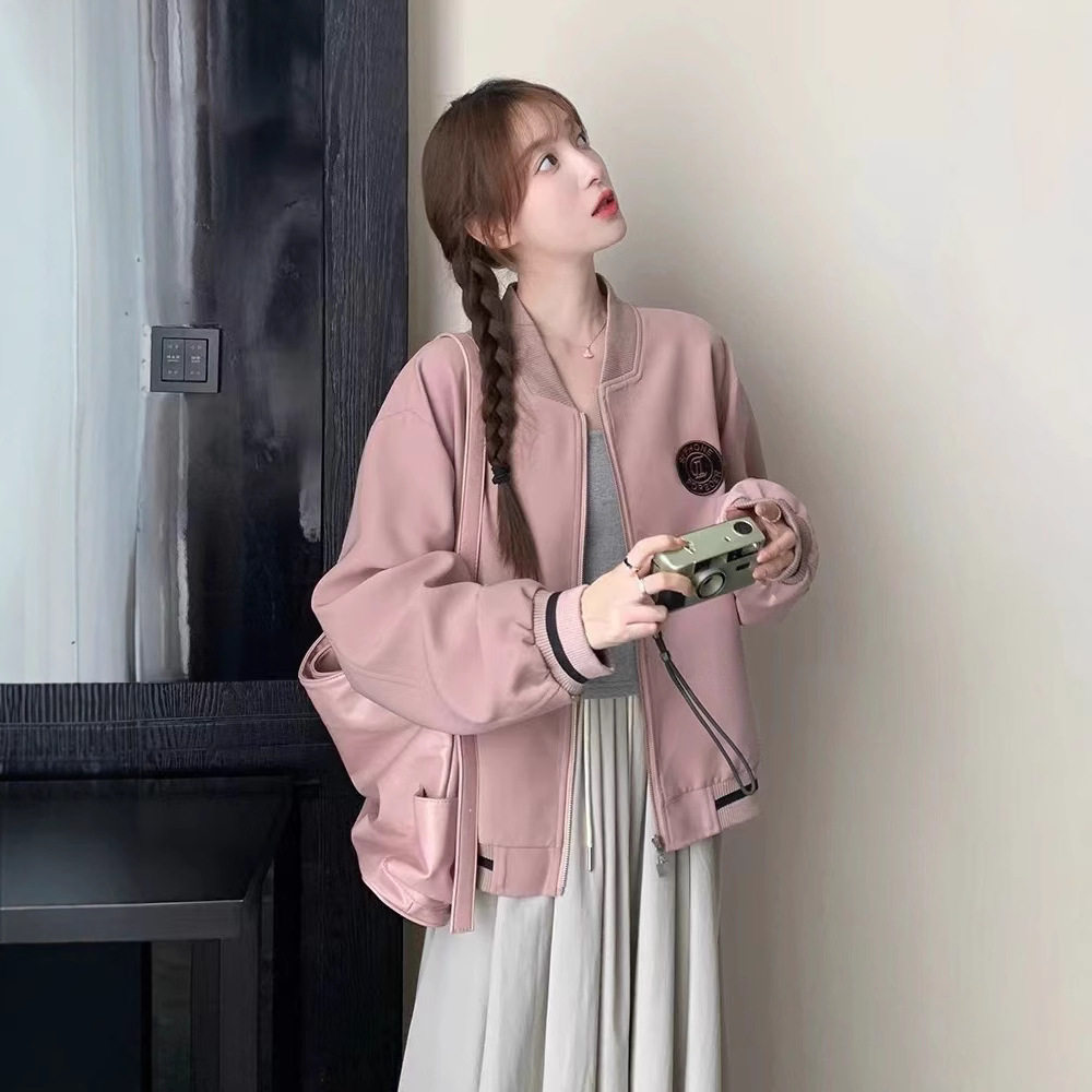 粉色复古学院风棒球服拉链外套女早秋2025新款设计感拼接休闲上衣