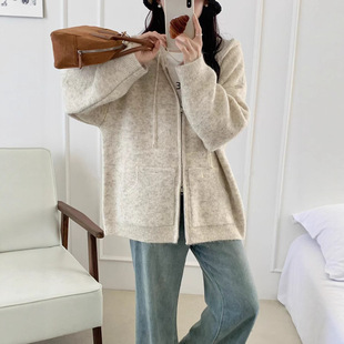 秋冬新款 女宽松慵懒风显瘦毛衣外套 韩系休闲百搭连帽拉链针织开衫