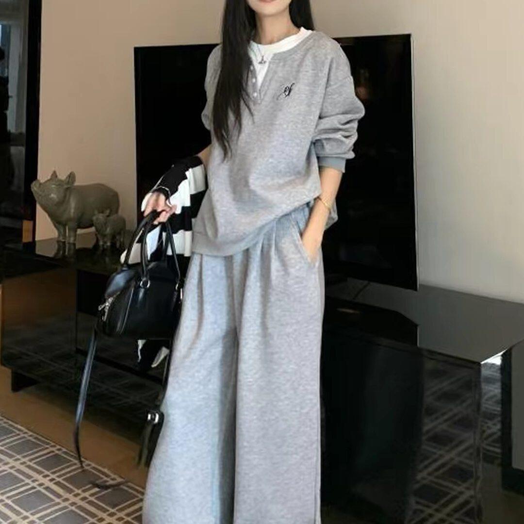纯棉韩系休闲运动服套装女春秋冬季高级感假两件卫衣阔腿裤两件套