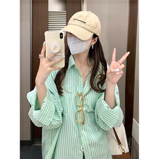 衬衫 长袖 2026夏季 宽松薄开衫 上衣 新款 韩国高端绿色条纹女式