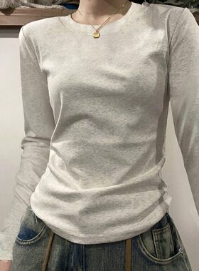 灰色正肩长袖内搭女简约春秋装冬季T恤美式覆古ins修身上衣打底衫