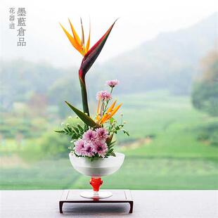 磨砂玻璃透明果盘花器 小原流盛花花器 花道插花器皿花盘高脚 日式