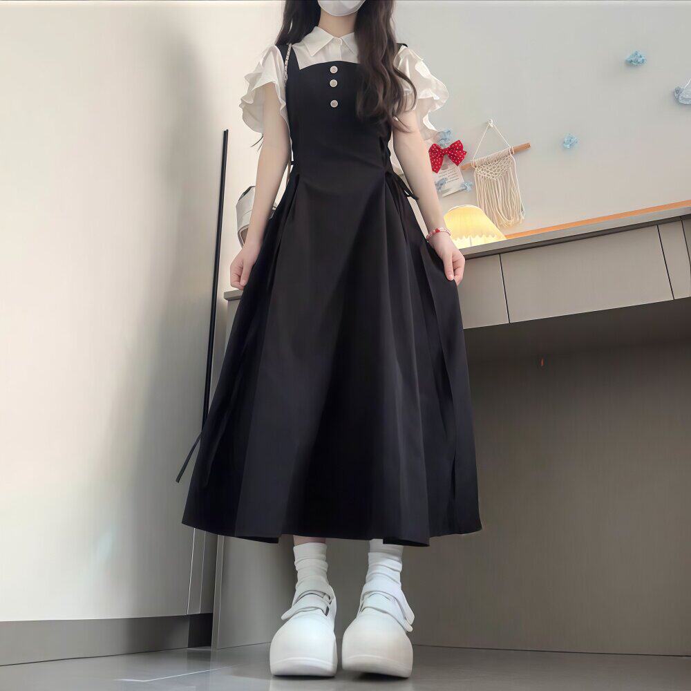 学院风套装无袖背心洋装女长版两件式套装收腰韩系穿搭一整套长裙