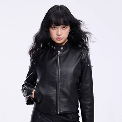 刺绣铆钉短款修身机车皮革夹克